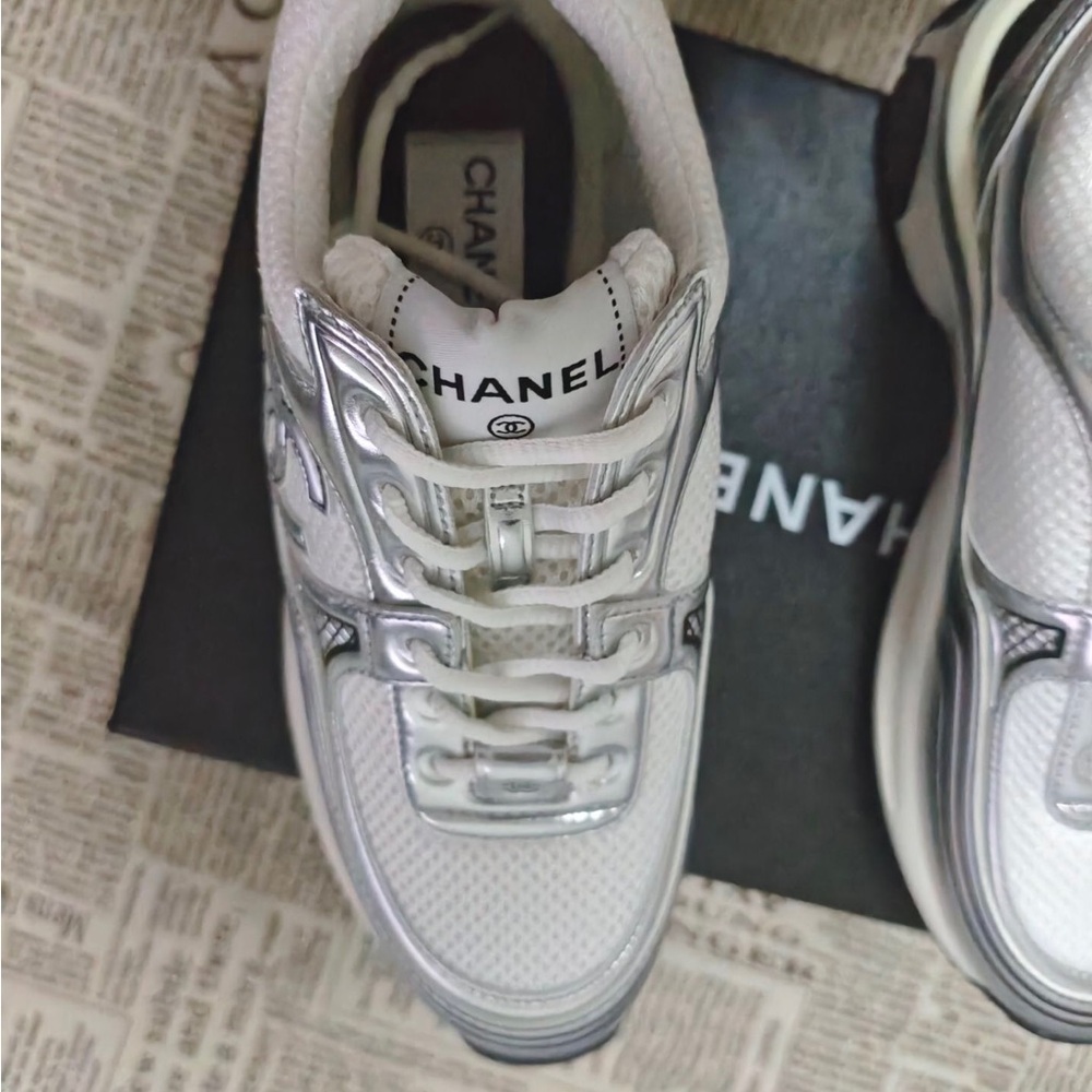 Chanel White and Silver Sneakers - Picture 3 of 8